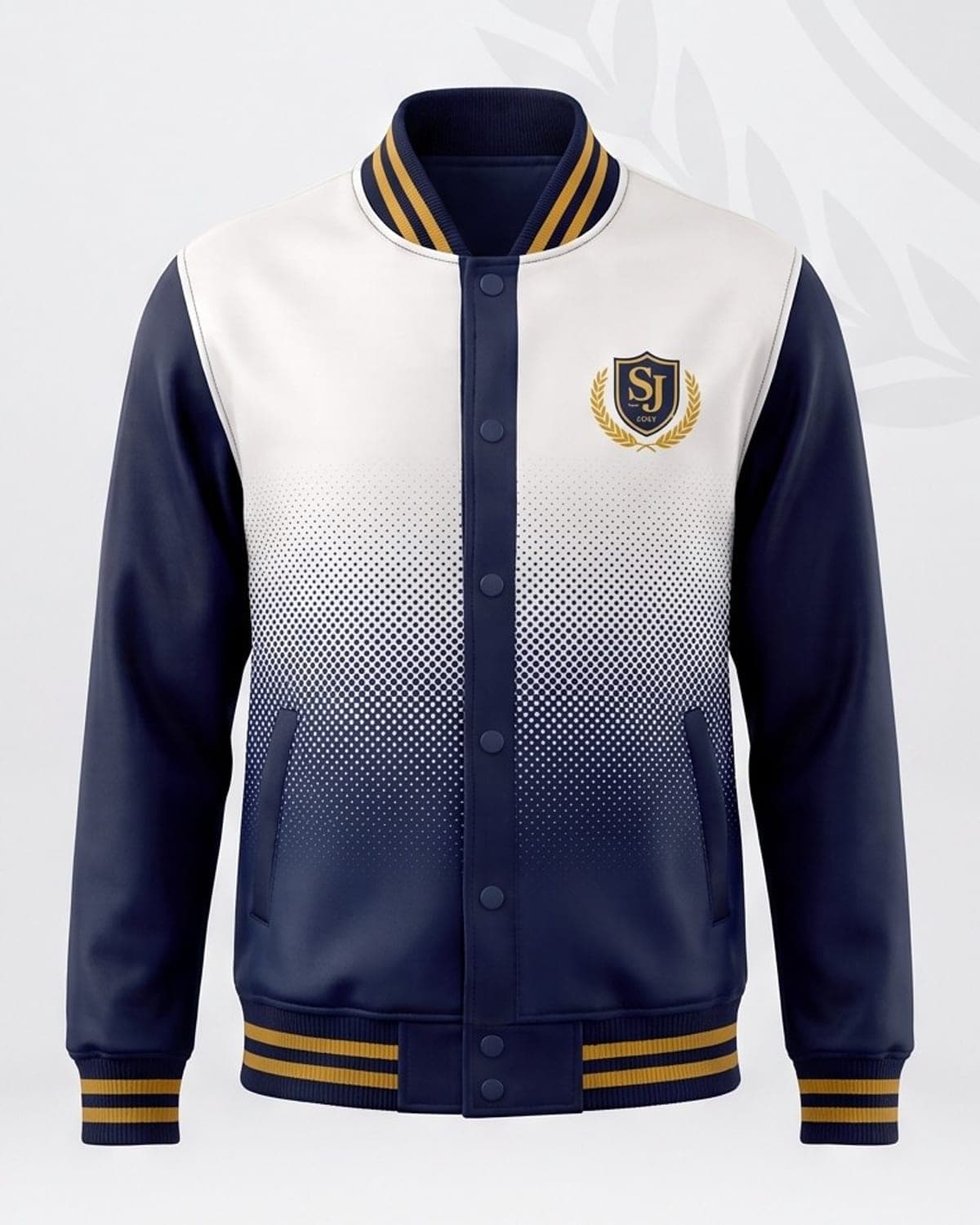 Navy and white varsity bomber with halftone fade print and embroidered crest