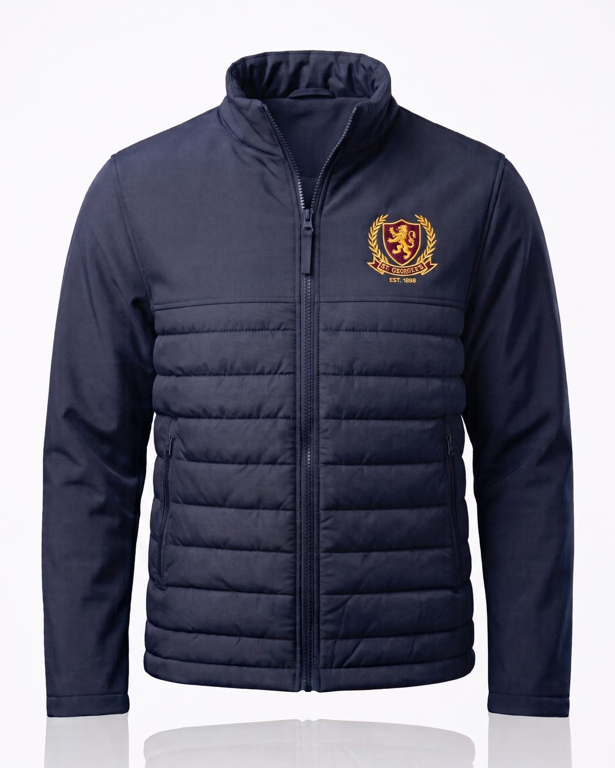 Navy quilted puffer jacket with full zip, zip pockets and embroidered school crest