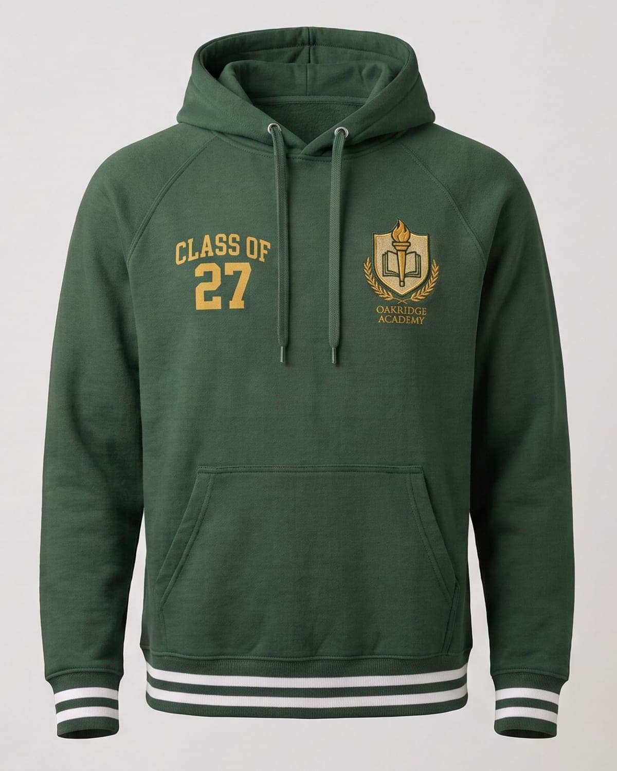 Green raglan hoodie with class of 27 chest print, embroidered crest and striped rib