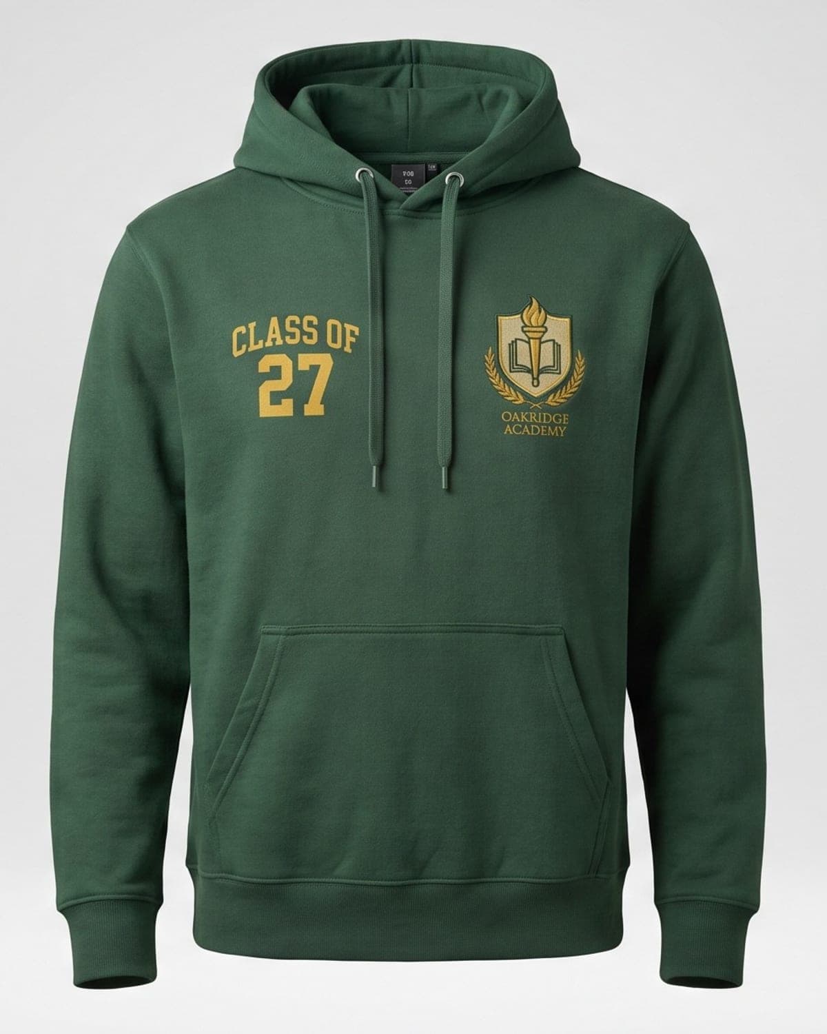 Green pullover hoodie with class of 27 chest print and embroidered crest, part of a matching set