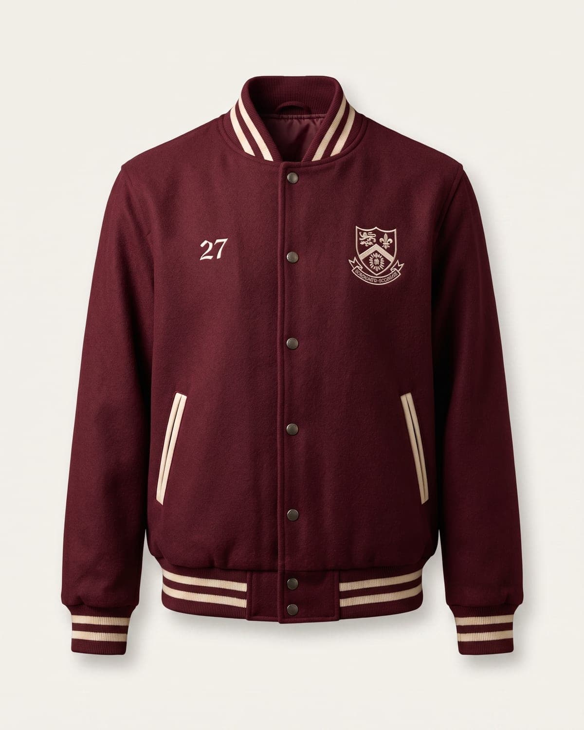 Maroon lightweight varsity bomber with embroidered crest, class year and striped rib trim