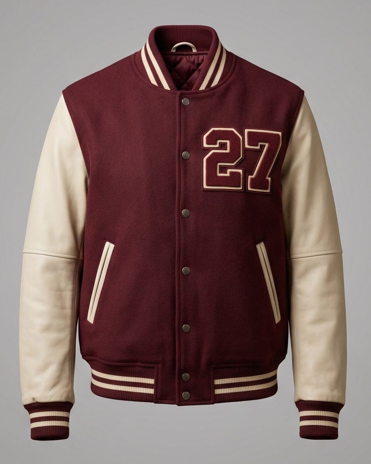 Maroon padded varsity bomber with cream contrast sleeves and chenille class year patch